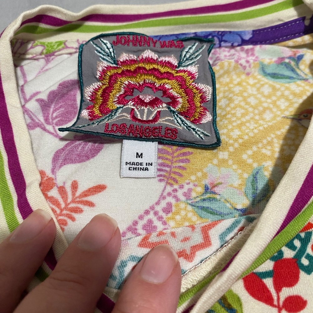 Johnny Was Multicolor Floral & Bird Short Sleeve Tee — Purple, Blue, Green, Red - Picture 3 of 4